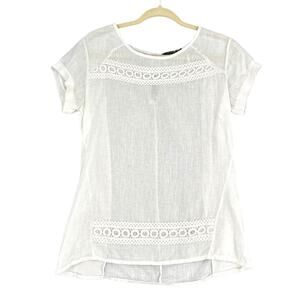 Lungo‎ L'Arno White Short Sleeve Crew Neck Crochet Lace Linen Blouse Medium